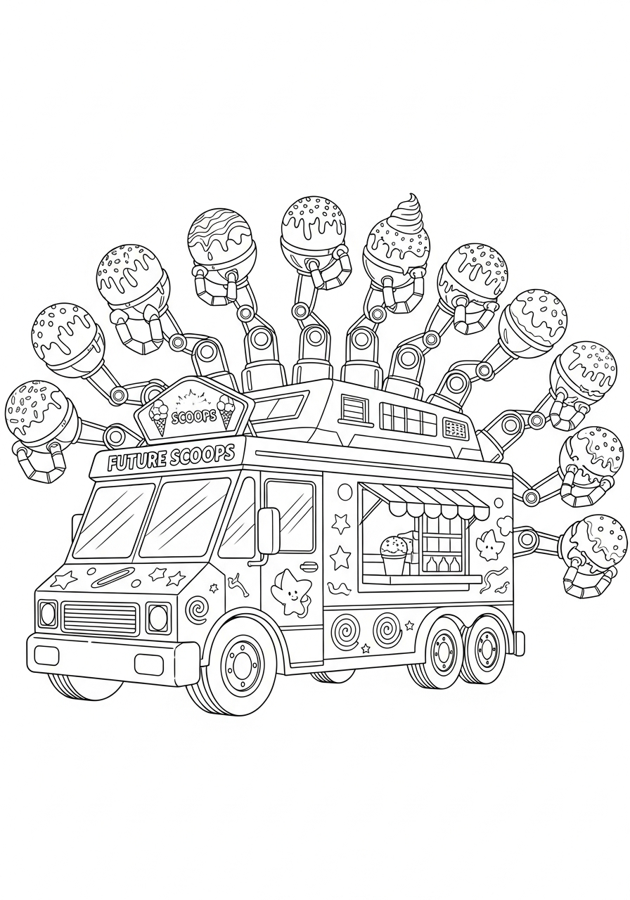 Robot arms serving ice cream truck coloring page