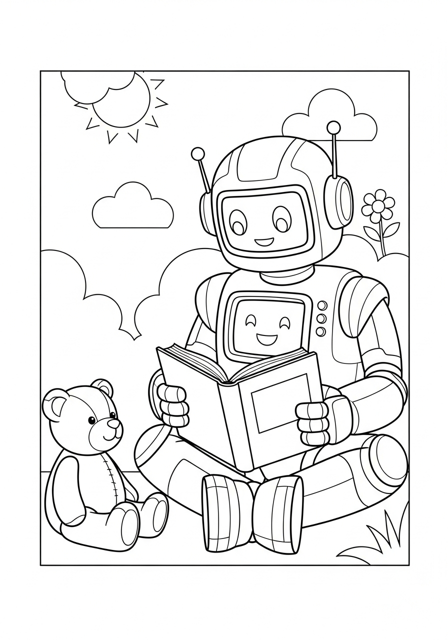 Robot Coloring Pages 30 Robot reading book to teddy coloring page