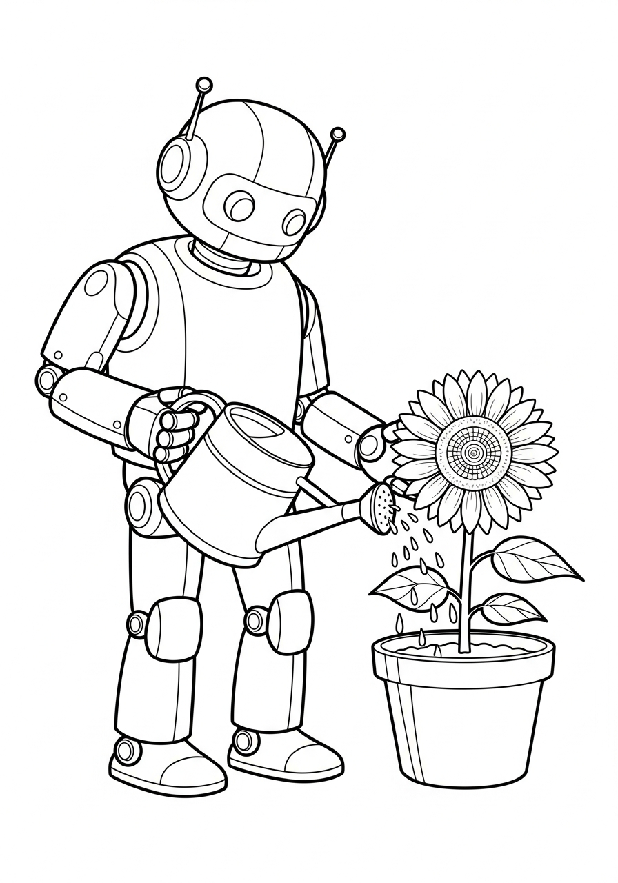 Robot Coloring Pages 31 Robot watering flowers garden coloring page
