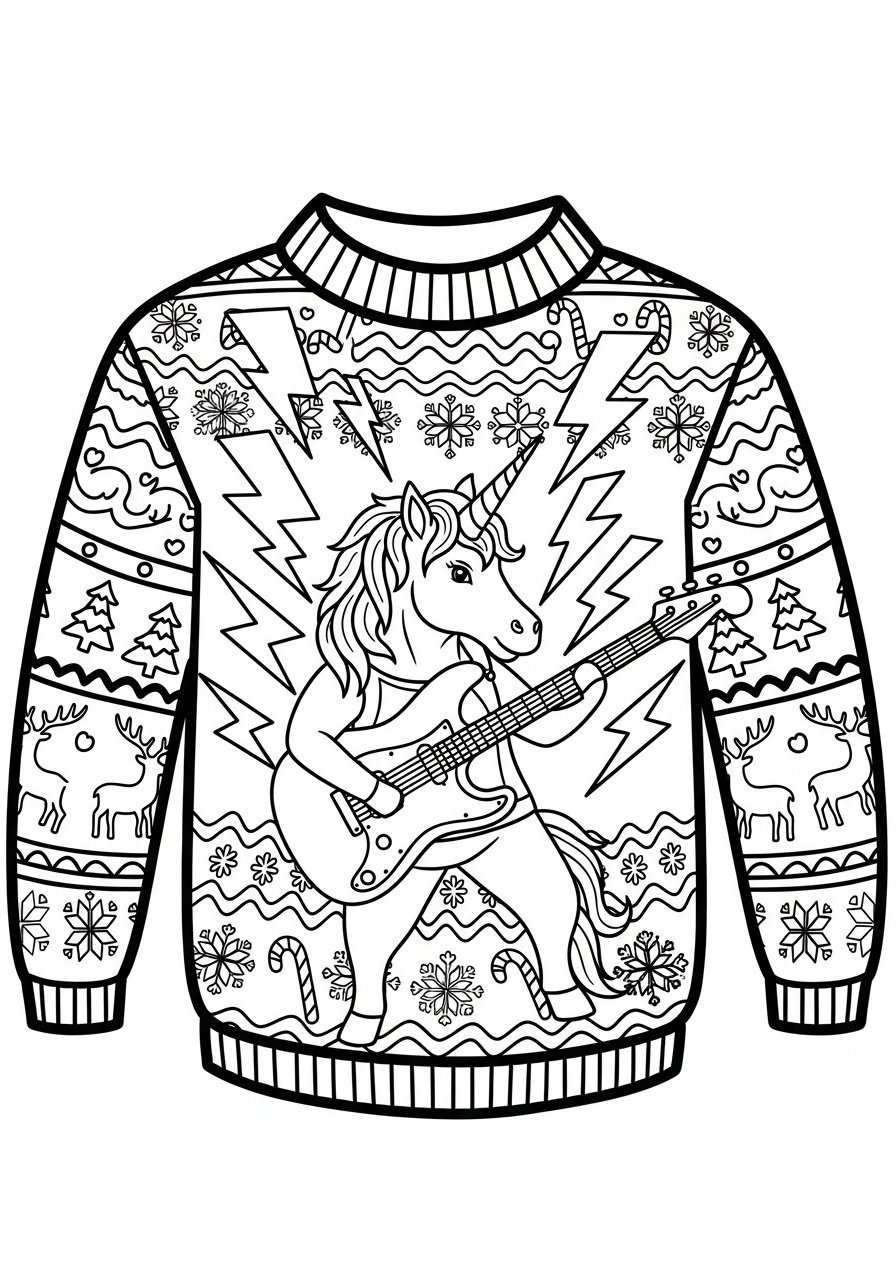 Ugly Christmas Sweater Coloring Pages 21 Rocker unicorn ugly Christmas sweater coloring page