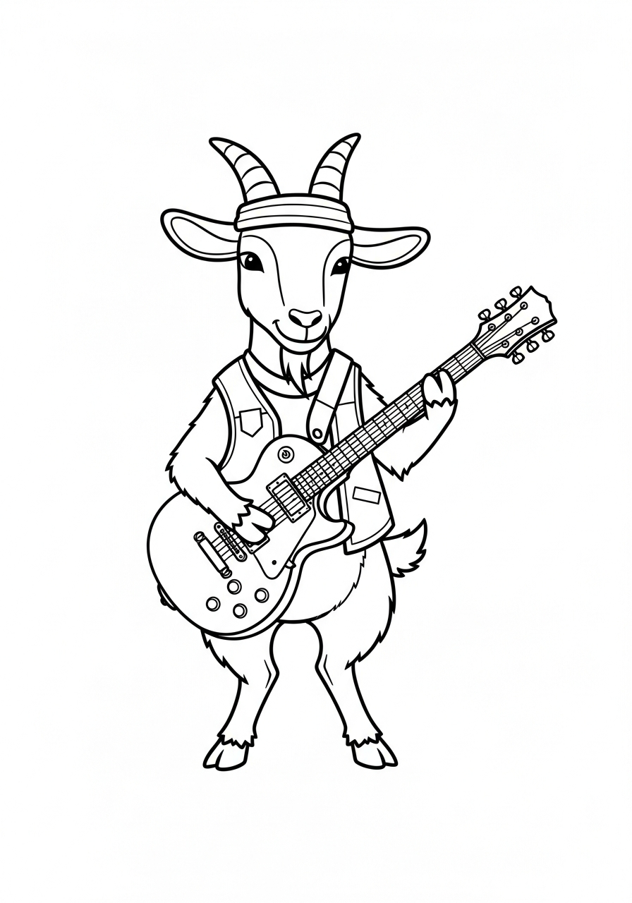 Rockstar goat playing electric guitar coloring page