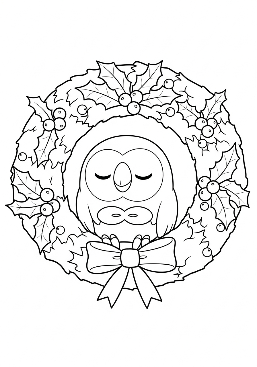 Pokemon Christmas Coloring Pages 16 Rowlet sleeping in wreath coloring page