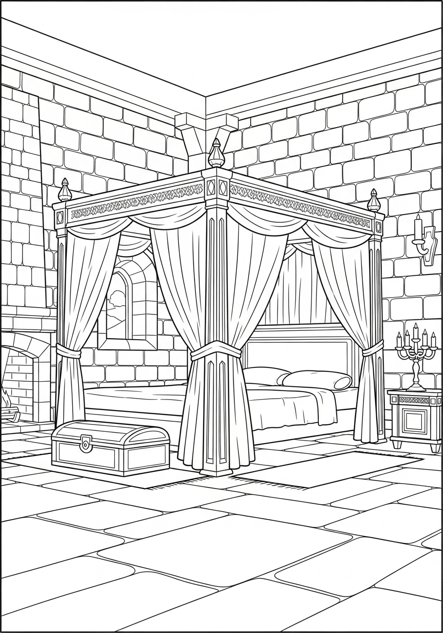 Castle Coloring Pages 14 Royal bedroom furniture inside castle coloring page