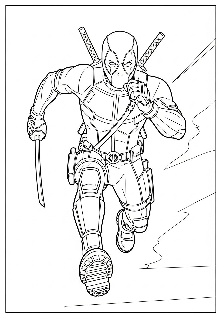 Deadpool Coloring Pages 40 Running Deadpool action scene coloring page