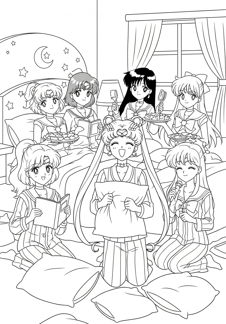 Sailor Moon Coloring Pages 13 Sailor Guardians slumber party coloring page