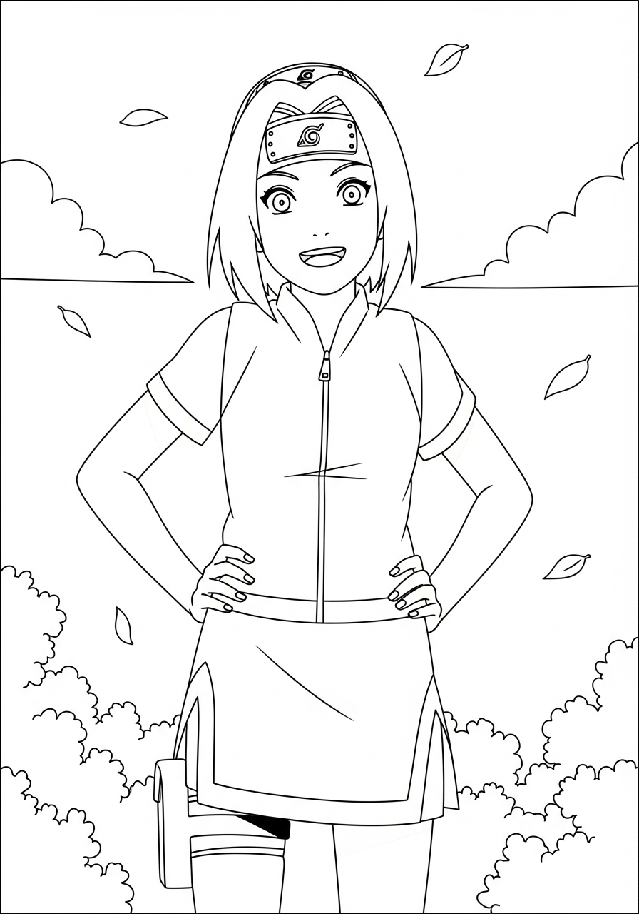 Naruto Coloring Pages 21 Sakura standing happy in dress coloring page