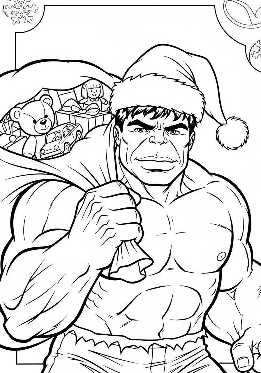Santa Hulk with Christmas bag coloring page