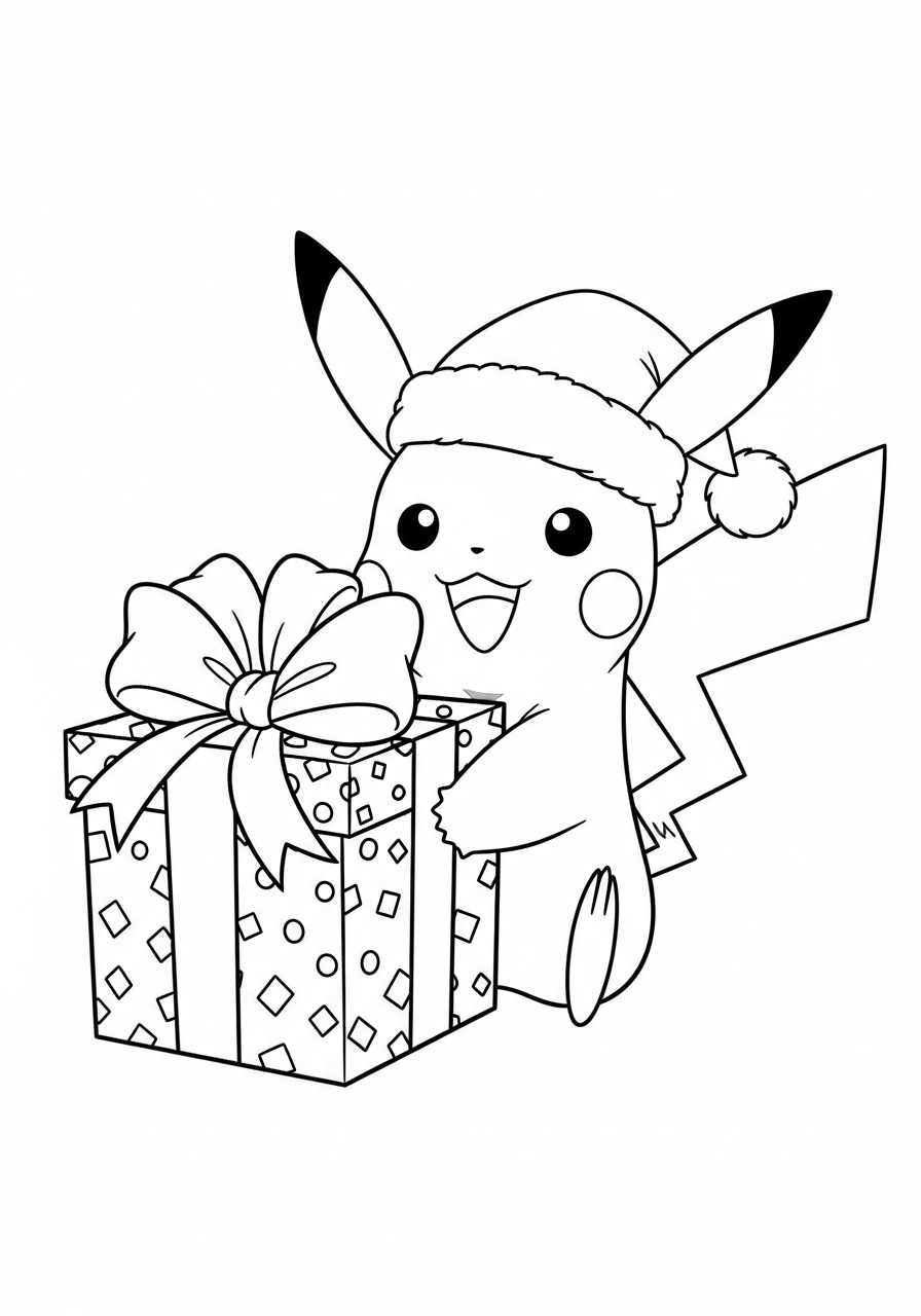 Pokemon Christmas Coloring Pages 17 Santa Pikachu holding gift coloring page