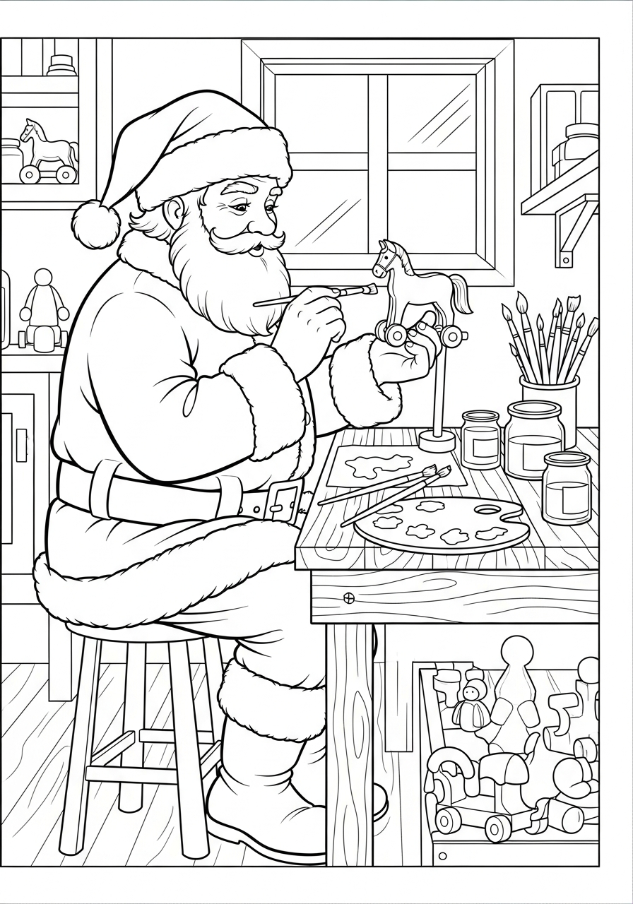Santa Claus Coloring Pages 23 Santa painting toys at workbench coloring page