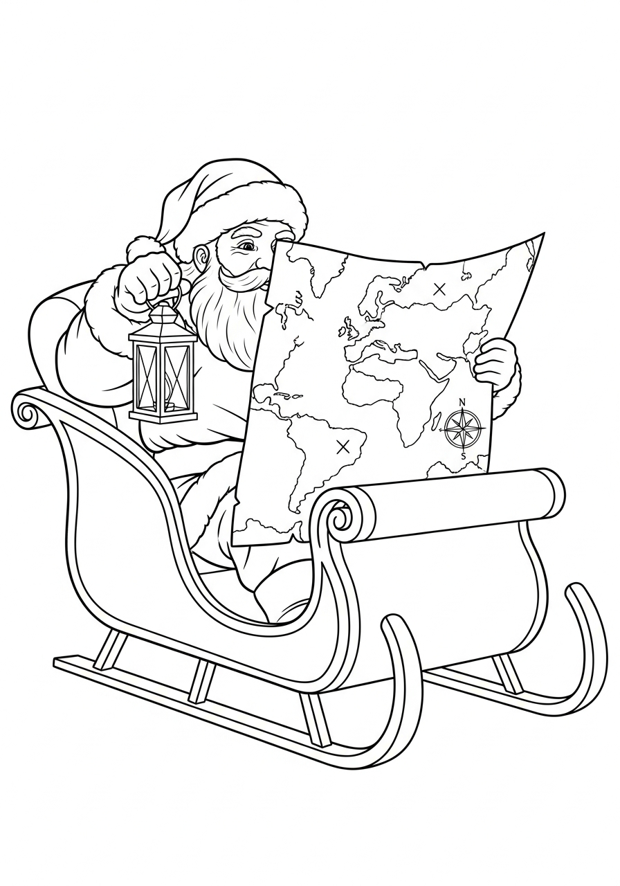 Santa Claus Coloring Pages 27 Santa reading map in sleigh coloring page