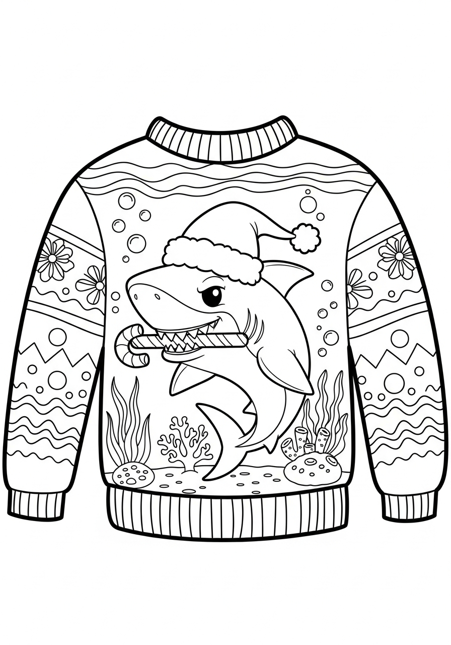 Ugly Christmas Sweater Coloring Pages 22 Santa shark ugly Christmas sweater coloring page