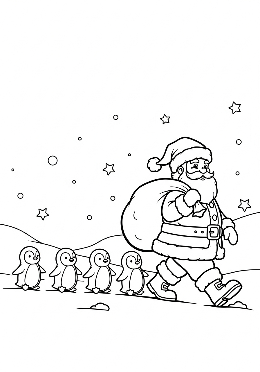 Santa Claus Coloring Pages 30 Santa walking with cute penguins coloring page