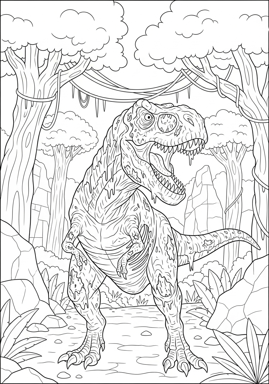 Zombie Coloring Pages 23 Scary dinosaur T-Rex zombie coloring page