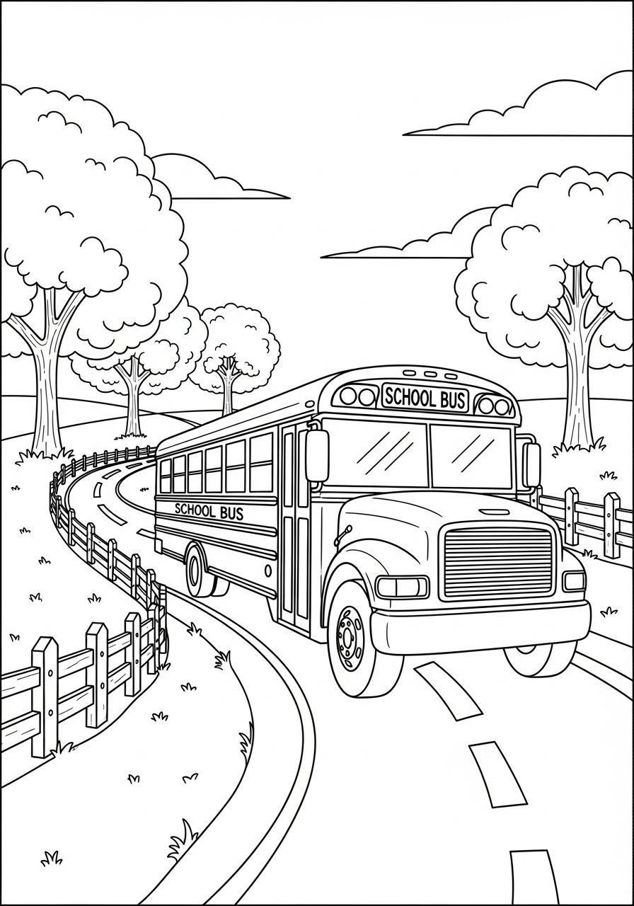 School Bus Coloring Pages 19 School Bus on country road coloring page