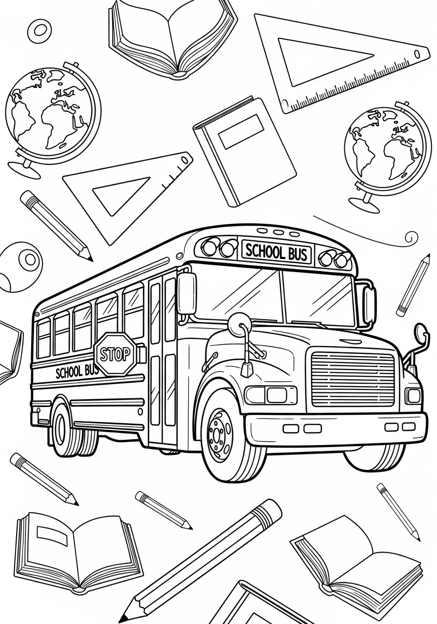 School Bus Coloring Pages 21 School supplies and School Bus coloring page