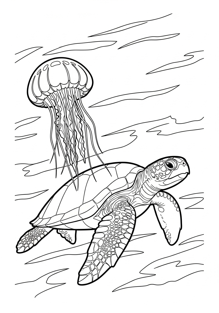 Jellyfish Coloring Pages 23 Sea turtle chasing jellyfish coloring page
