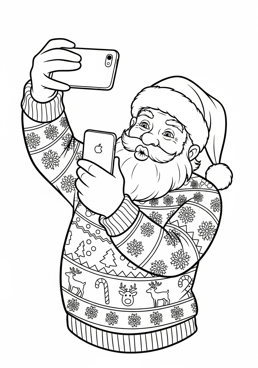 Ugly Christmas Sweater Coloring Pages 23 Selfie Santa ugly Christmas sweater coloring page