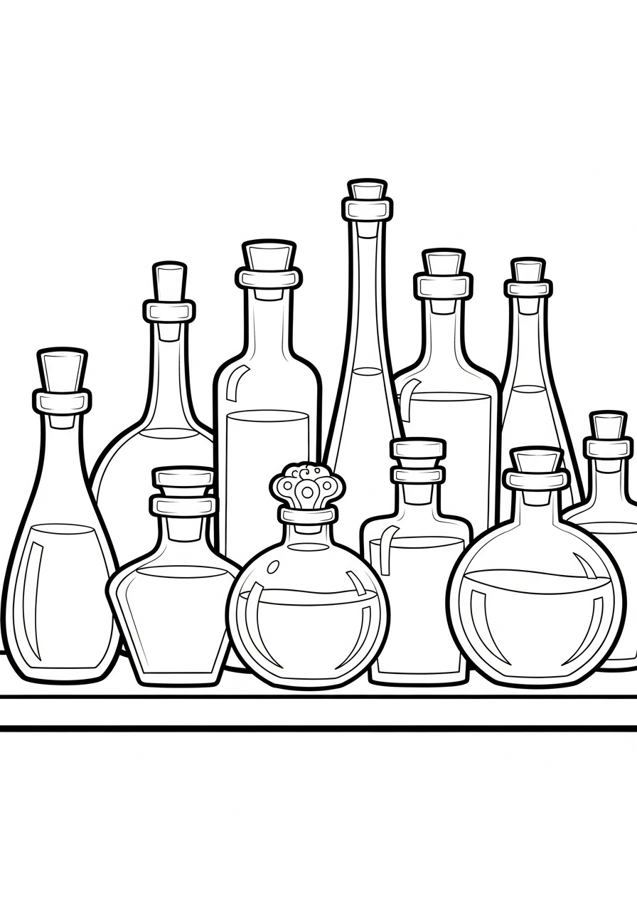 Harry Potter Coloring Pages 31 Shelf with magic potion bottles coloring page