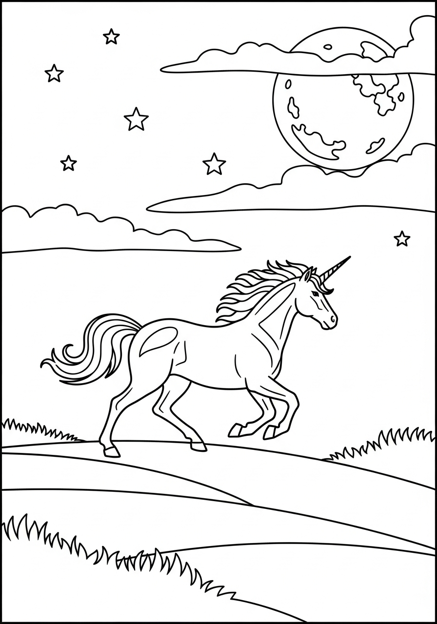 Unicorn Coloring Pages 17 Silhouette unicorn under starry night coloring page