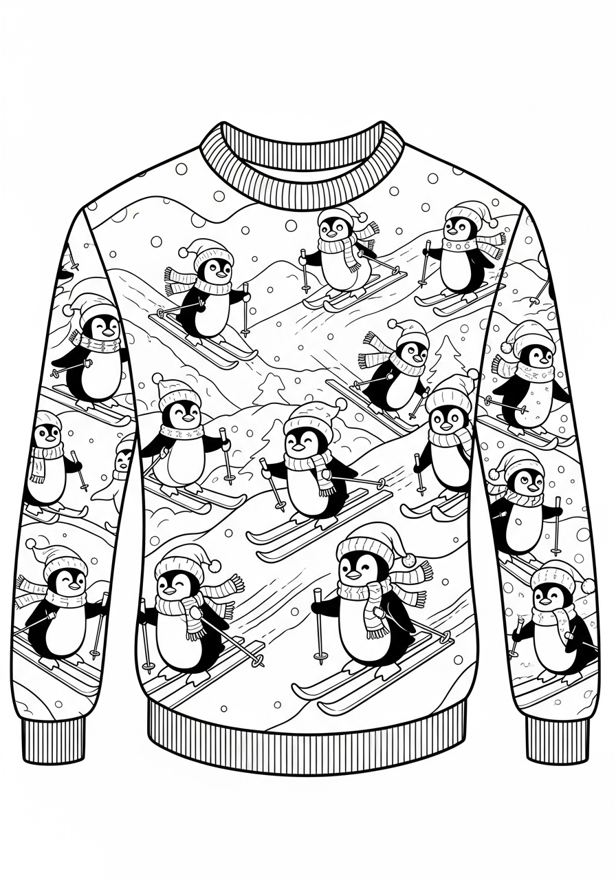 Ugly Christmas Sweater Coloring Pages 24 Skiing penguins ugly Christmas sweater coloring page