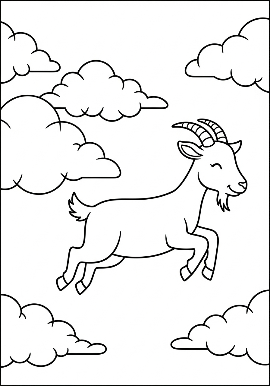 Sky goat jumping on clouds coloring page