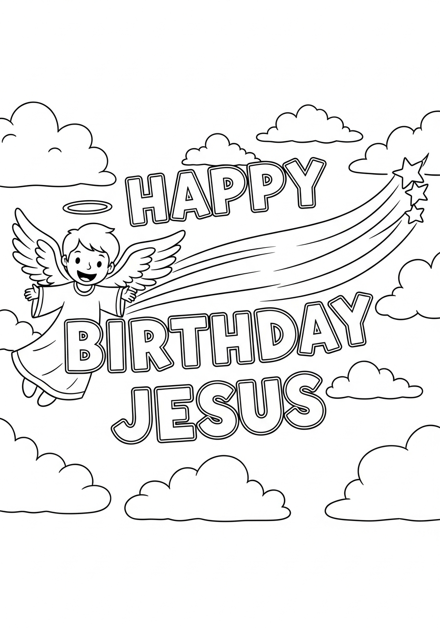 Skywriting Happy Birthday Jesus clouds coloring page