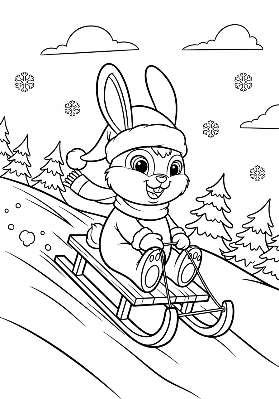 Christmas Bunny Coloring Pages 23 Sledding downhill Christmas Bunny coloring page