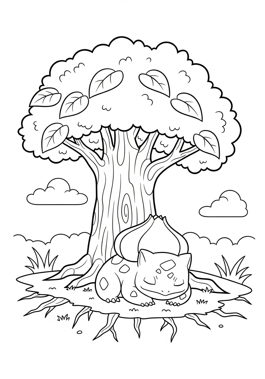 Bulbasaur Coloring Pages 26 Sleeping Bulbasaur under tree coloring page