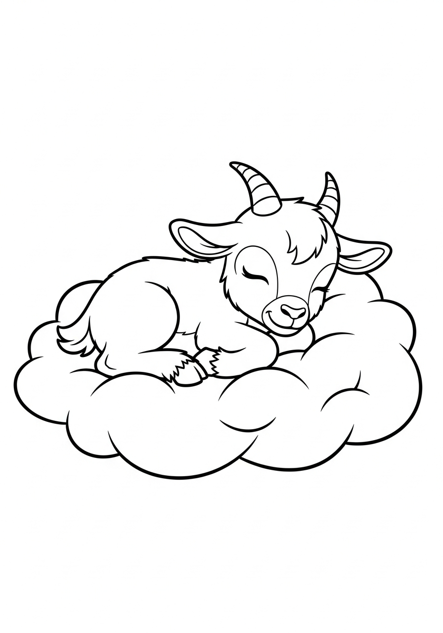Sleeping baby goat on cloud coloring page