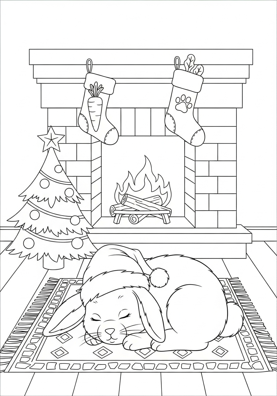 Christmas Bunny Coloring Pages 24 Sleeping by fire Christmas Bunny coloring page