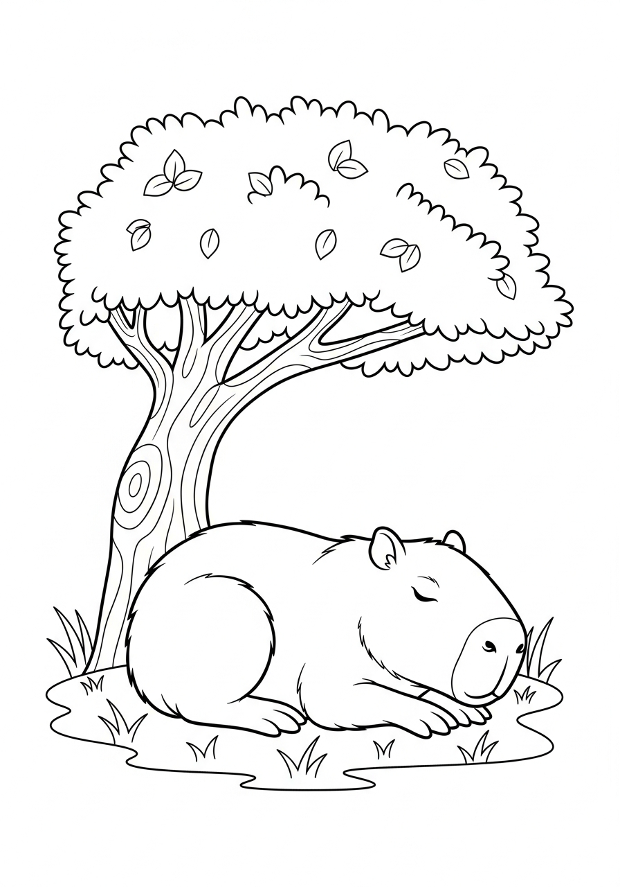 Capybara Coloring Pages 26 Sleeping capybara under tree coloring page