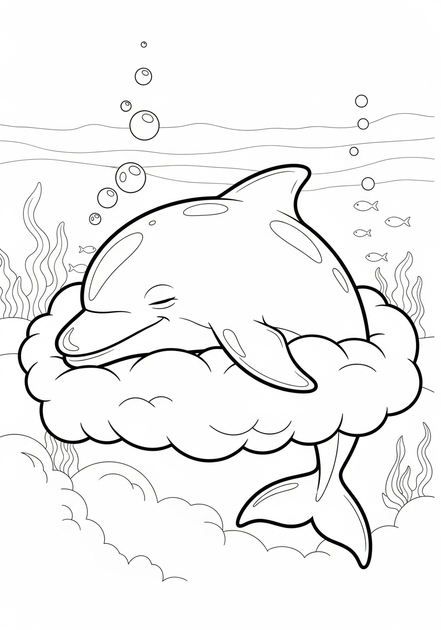 Dolphin Coloring Pages 30 Sleeping dolphin on underwater cloud coloring page