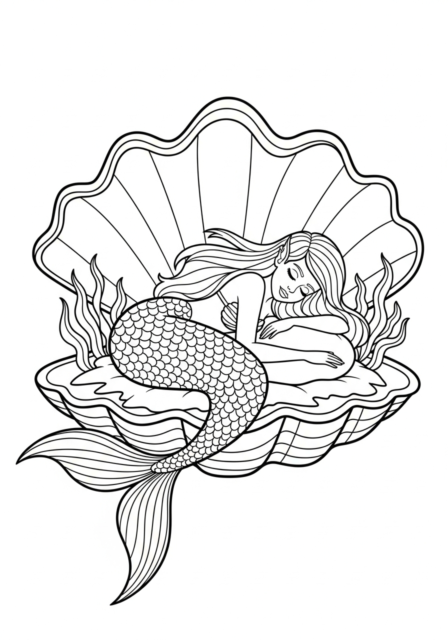 Mermaid Coloring Pages 29 Sleeping mermaid in clam shell coloring page