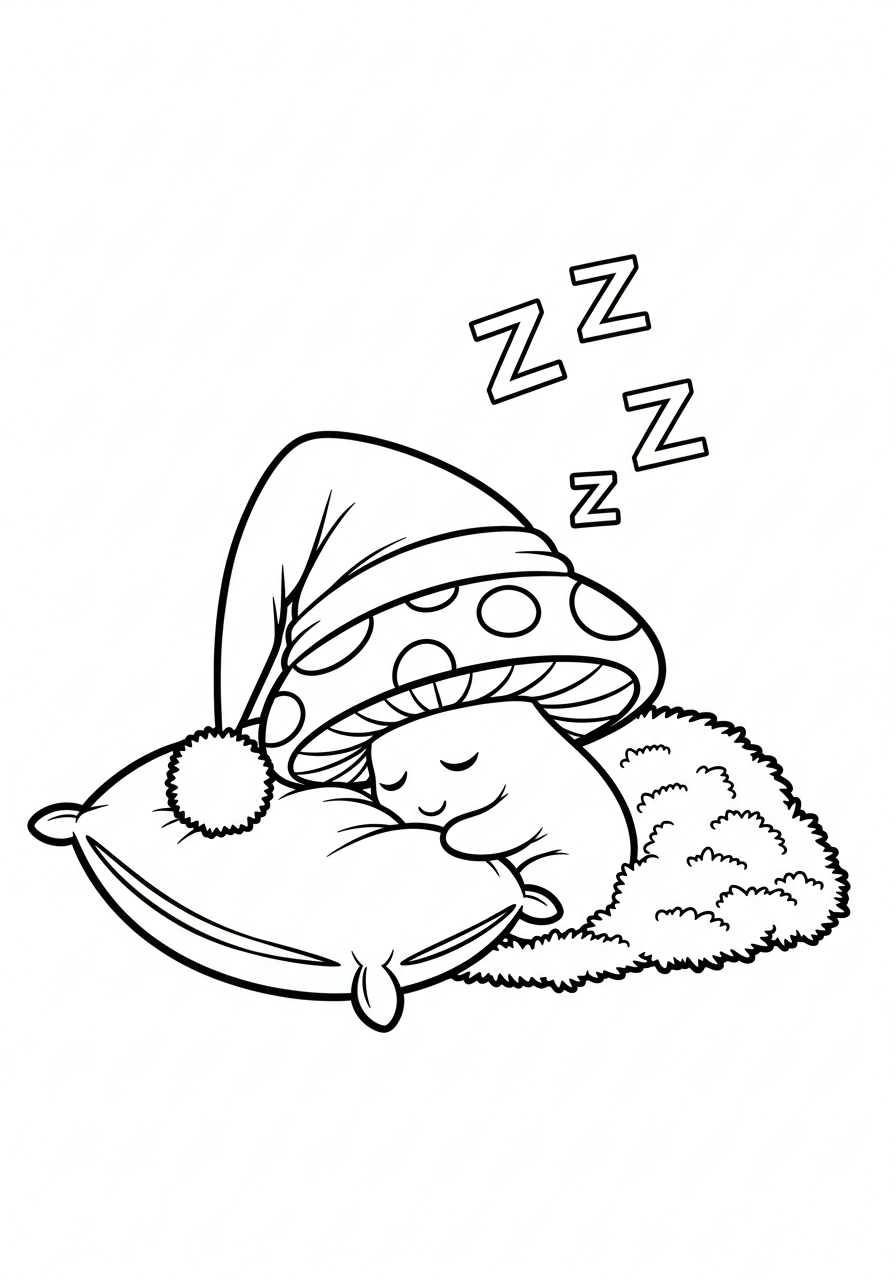 Mushroom Coloring Pages 26 Sleeping mushroom wearing nightcap and pillow coloring page