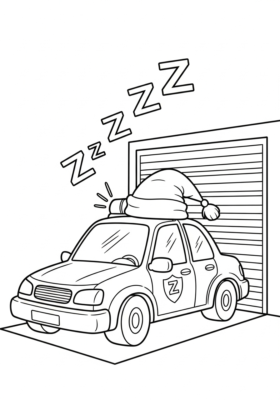 Police Car Coloring Pages 27 Sleeping police car in garage coloring page