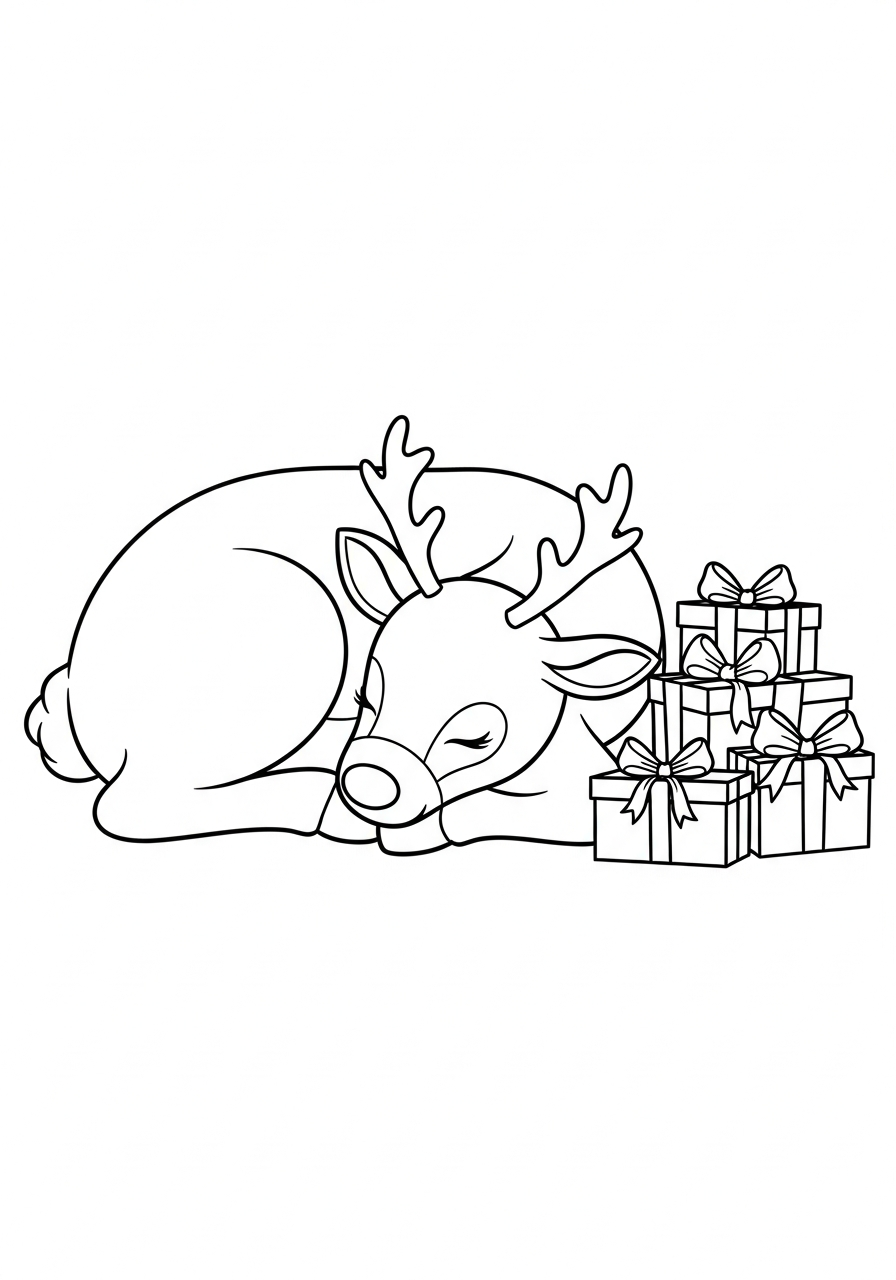 Reindeer Coloring Pages 28 Sleeping reindeer near christmas presents coloring page