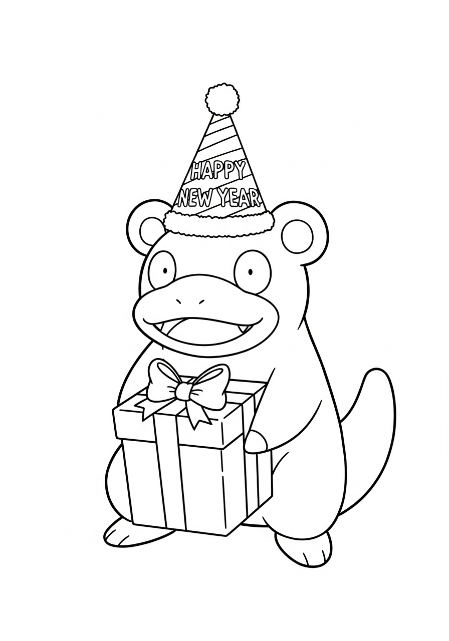 Pokemon Christmas Coloring Pages 19 Slowpoke holding late gift coloring page