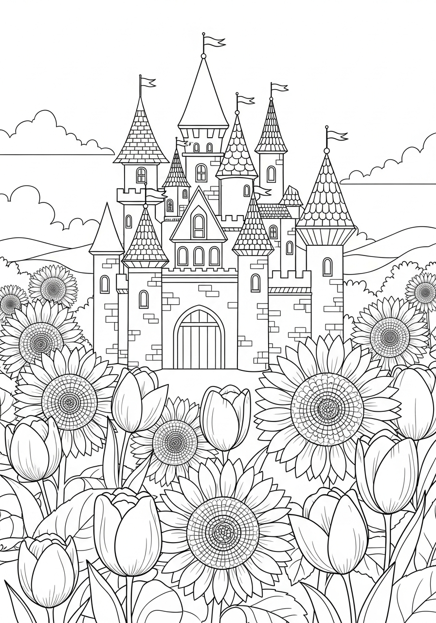 Castle Coloring Pages 17 Small castle among giant flowers coloring page