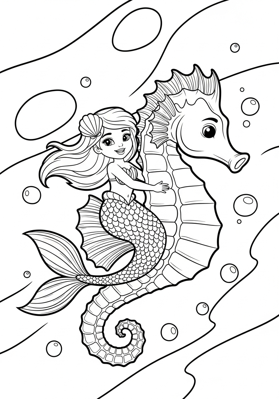 Mermaid Coloring Pages 30 Small mermaid riding a seahorse coloring page
