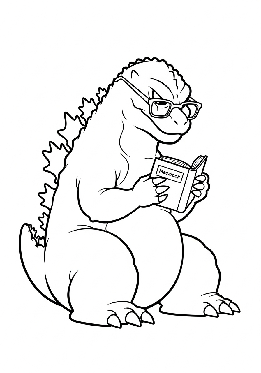 Smart Godzilla reading a book coloring page