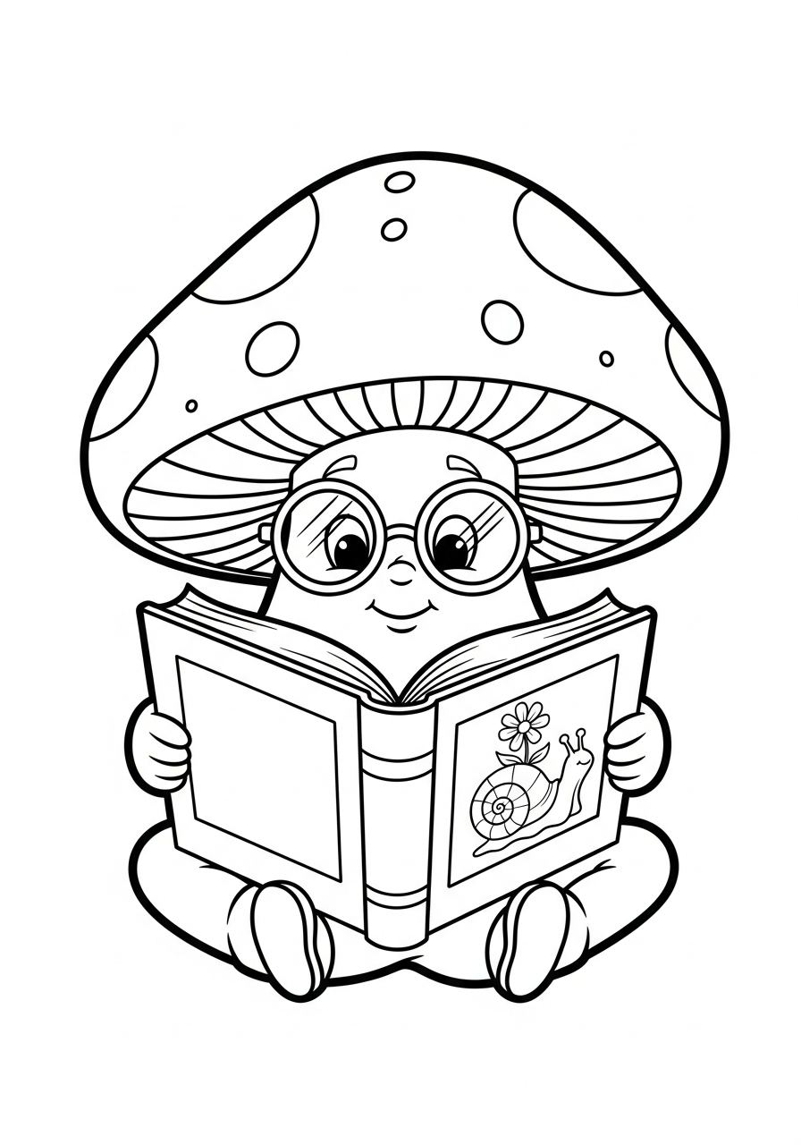 Mushroom Coloring Pages 27 Smart mushroom reading a big book coloring page