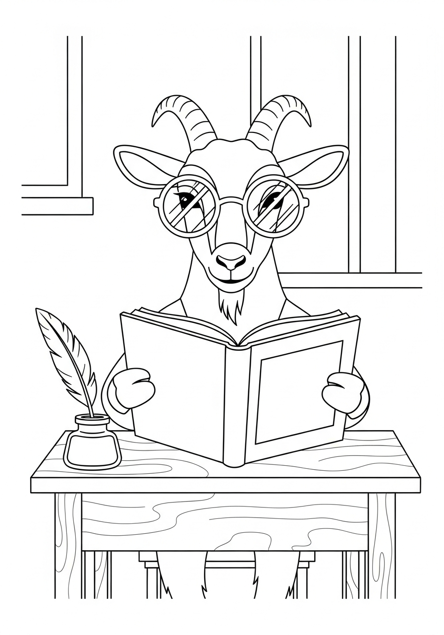 Smart school goat reading book coloring page