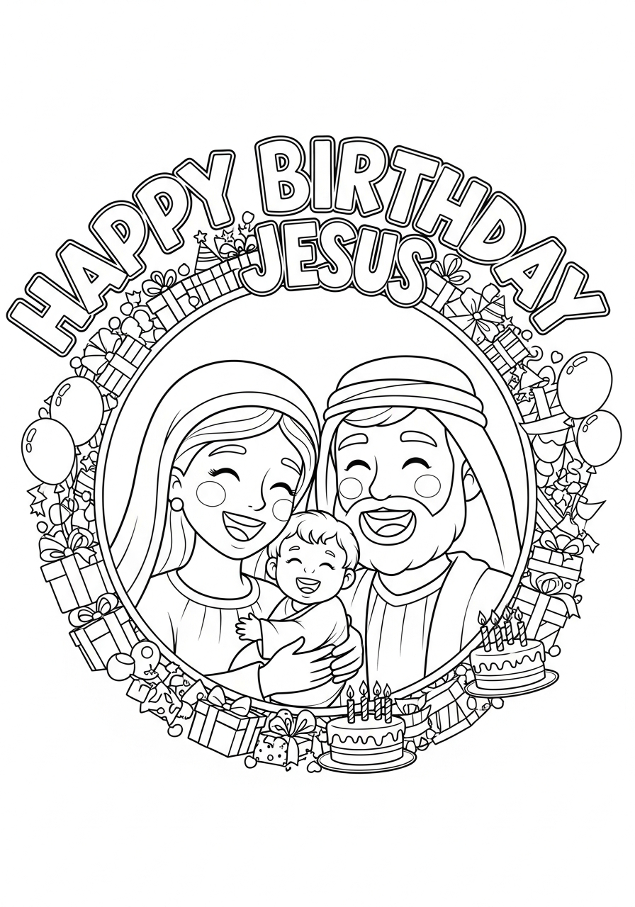 Smiling Holy Family in wreath coloring page