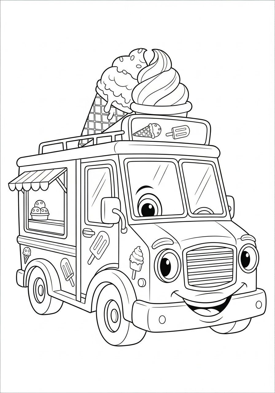 Smiling front face ice cream truck coloring page