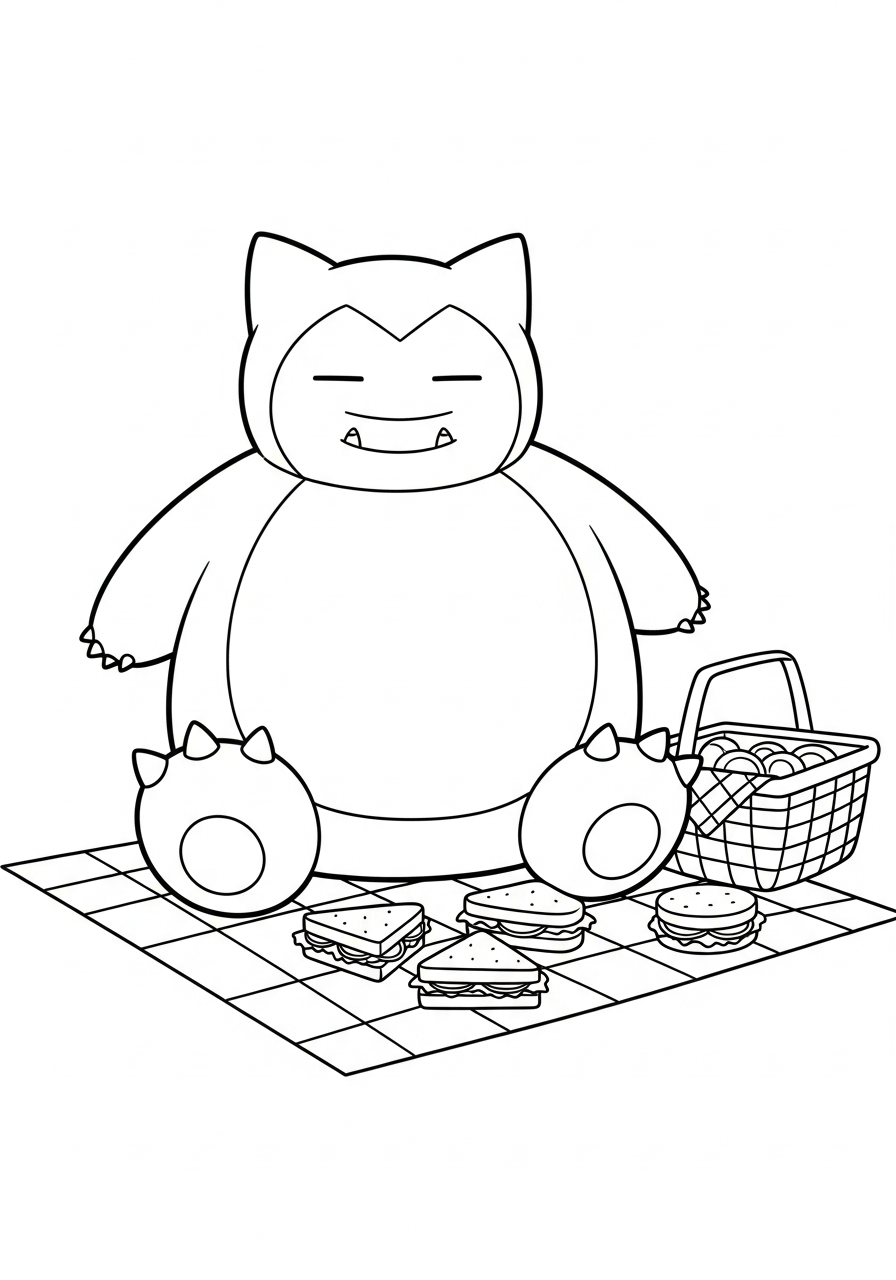 Snorlax Coloring Pages 14 Snorlax having a sandwich picnic coloring page