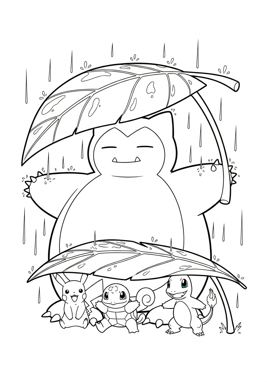 Snorlax Coloring Pages 16 Snorlax holding giant leaf umbrella coloring page