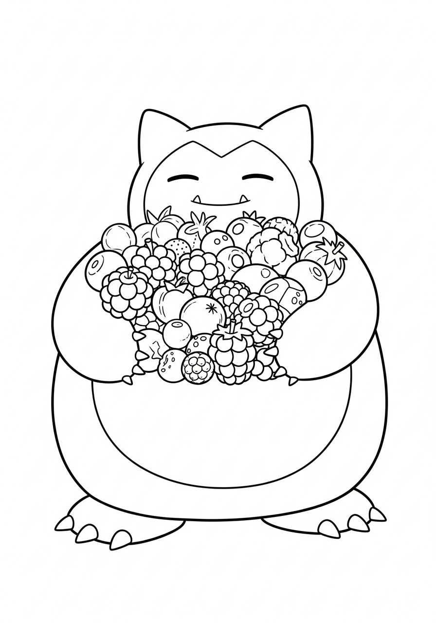 Snorlax Coloring Pages 18 Snorlax holding pile of berries coloring page