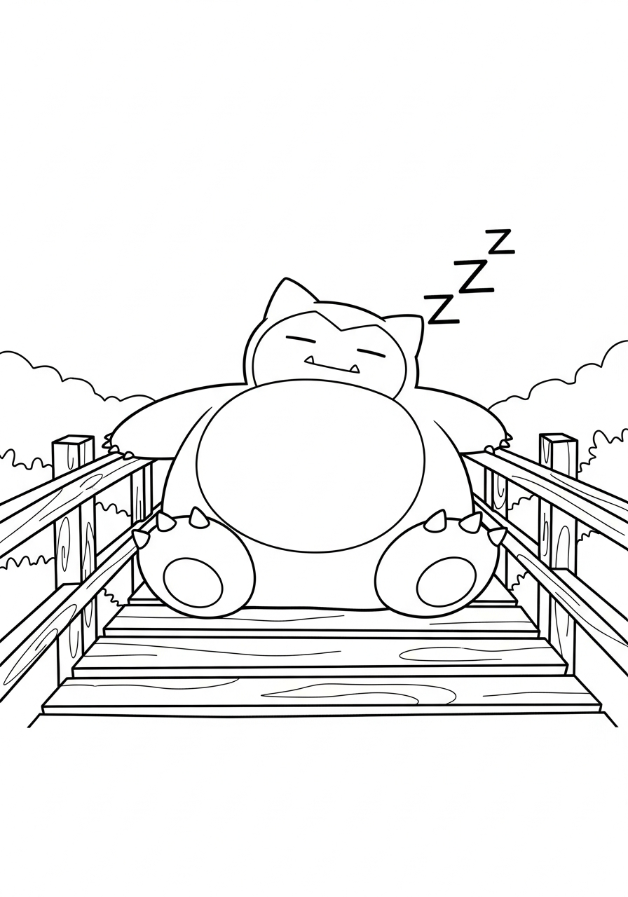 Snorlax Coloring Pages 23 Snorlax sleeping on wooden bridge coloring page