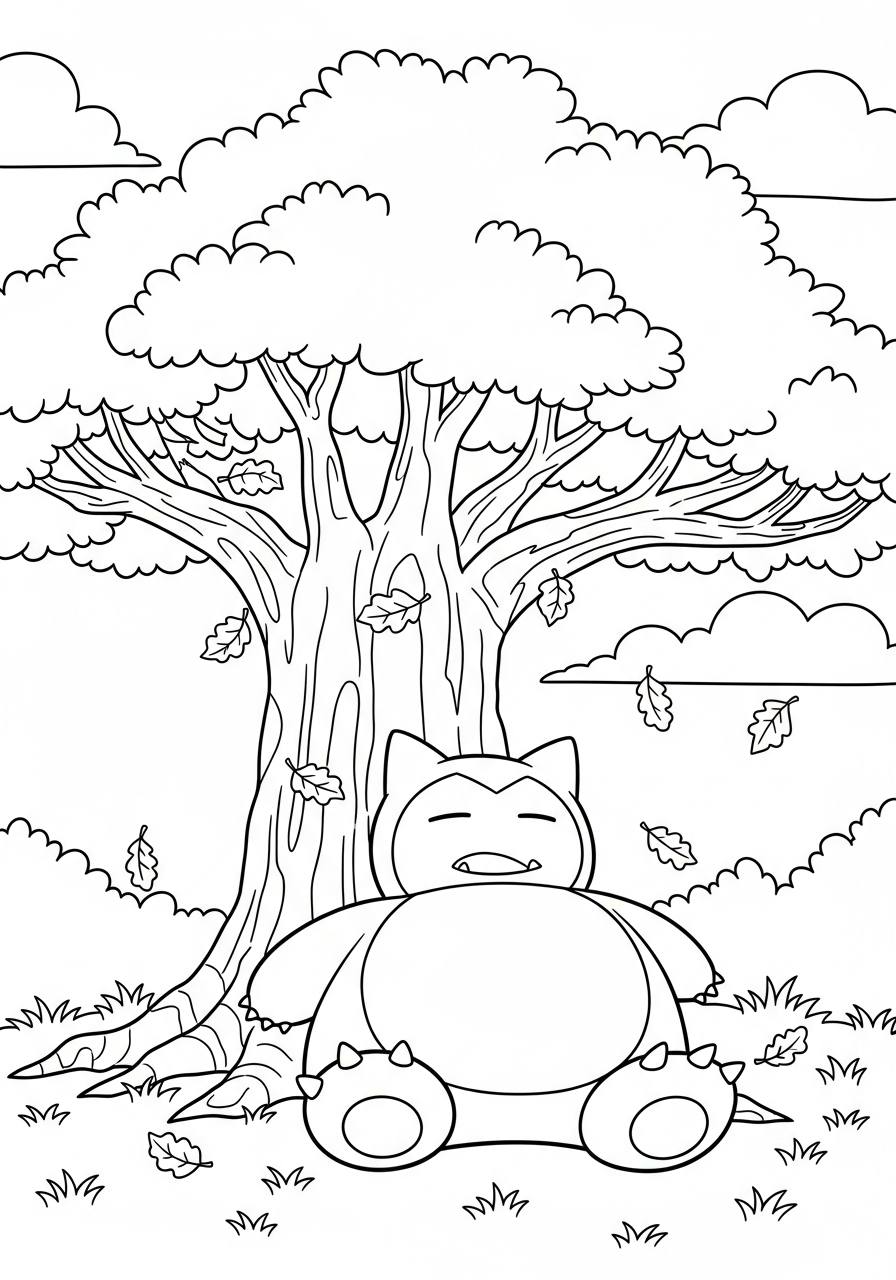 Snorlax Coloring Pages 24 Snorlax sleeping under oak tree coloring page