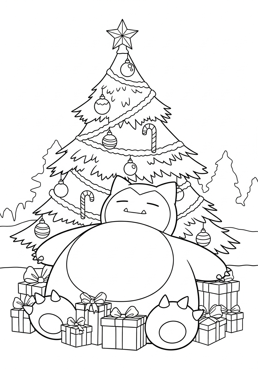 Pokemon Christmas Coloring Pages 20 Snorlax sleeping under tree coloring page